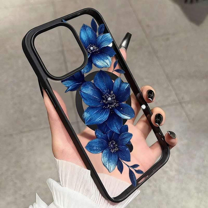 Blue Lily Whisper Magnetic Phone Case for iPhone 17 16 15 14 13 12 11 Pro Max Plus 17 Air For Magsafe Wireless Charing Cover