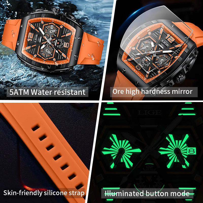 New LIGE Chronograph Quartz Watch for Men Fashion Silicone Strap Tonneau Big Dial Wrist Watch Men Date 5atm Waterproof Clock+Box