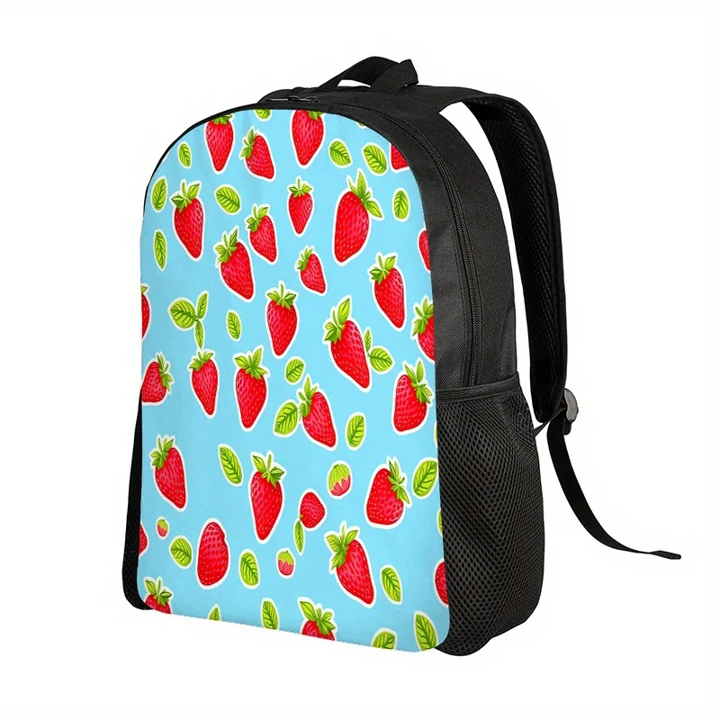 

1 2D flat print backpack, strawberry season, lightweight backpack, strawberry patterned background, adjustable shoulder straps