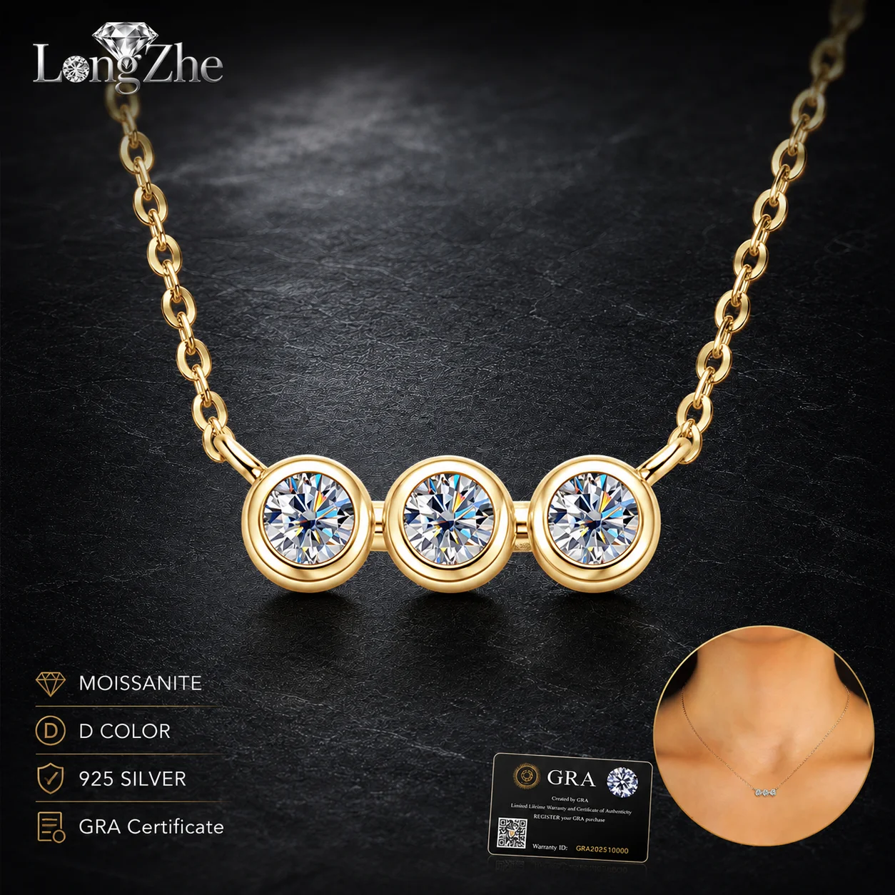 

LongZhe S925 Silver Moissanite Three Stone Necklace 0.3CT D Color GRA Certified Diamond Tester Passed Fine Jewelry Gift