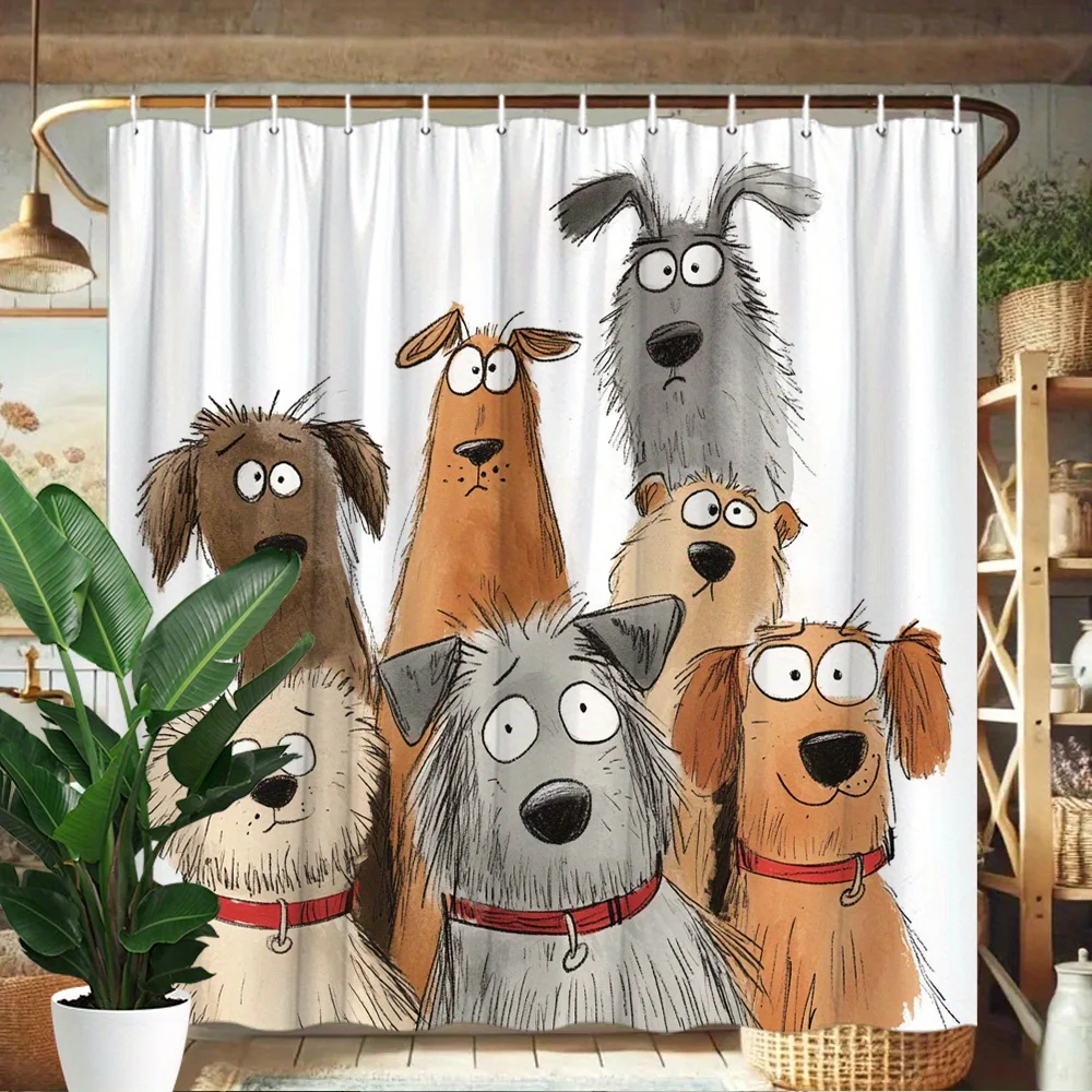 1pc Playful Cartoon Dogs Shower Curtain Whimsical Red Collars Expressive Faces Polyester Bathroom Decoration for Bathtub Curtain