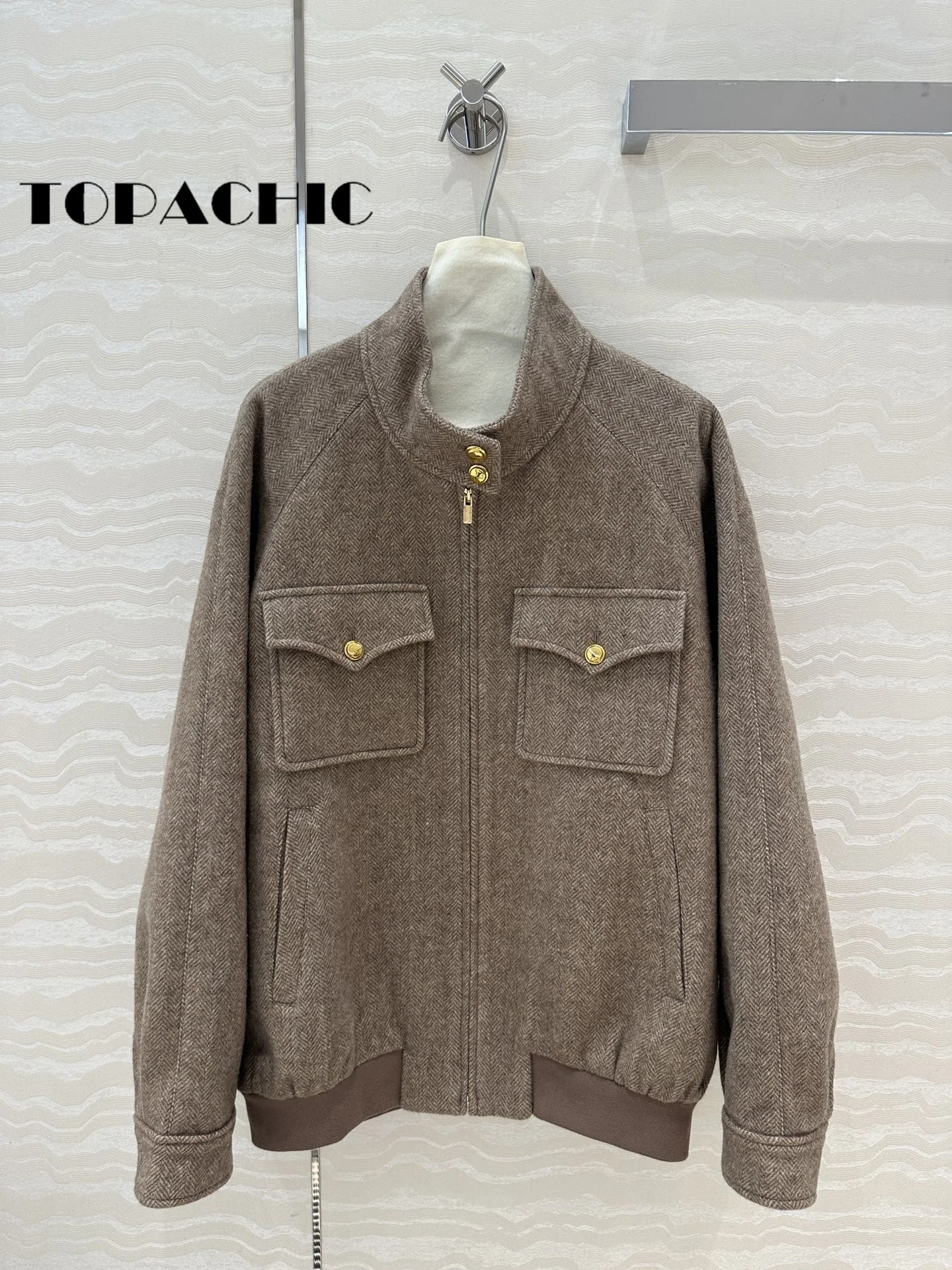 9.12 TOPACHIC-Women Vintage Herringbone Letter Embroidery Wool Set Stand Collar Zipper Jacket Or Drawstring Waist Short Skirt