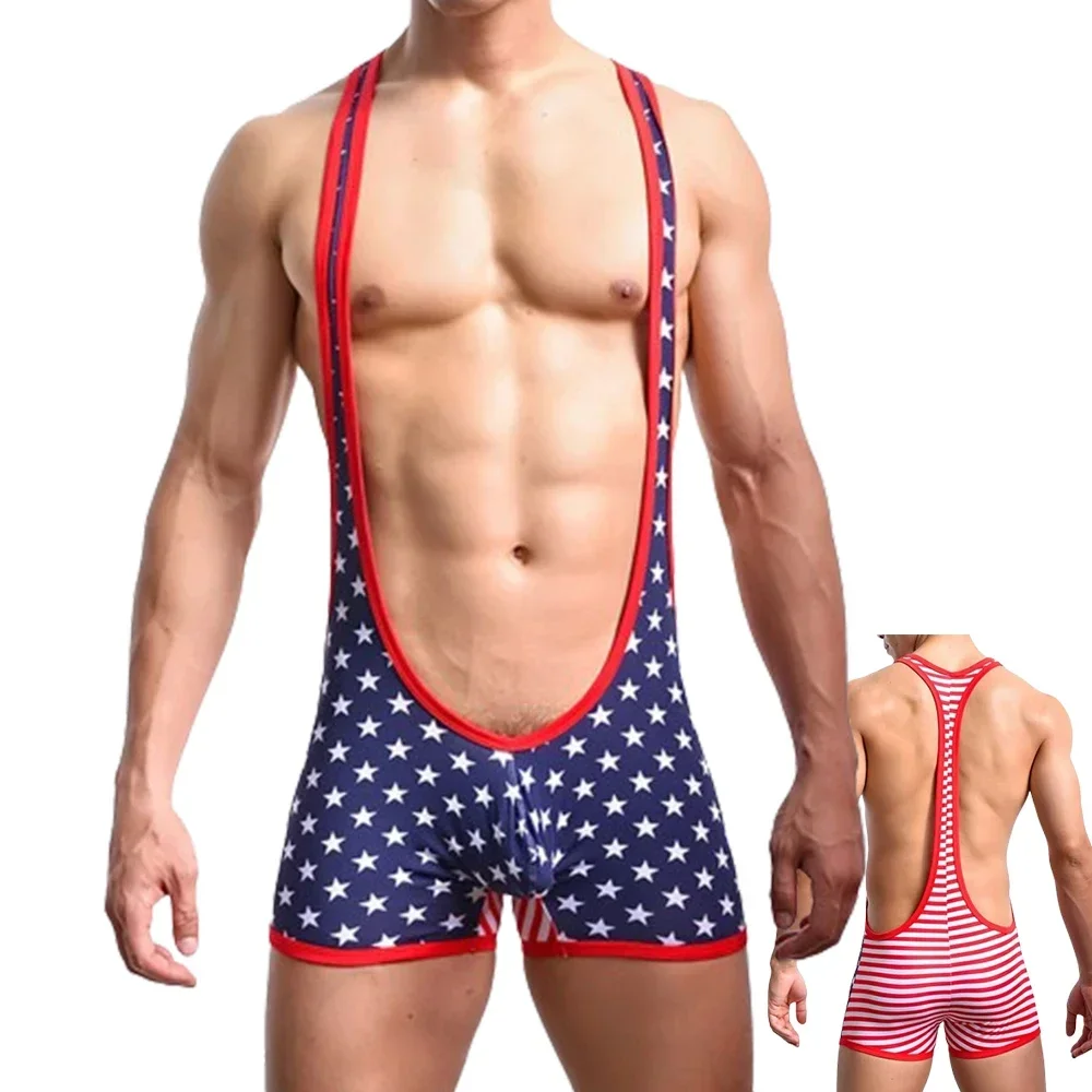 Men Sexy USA Flag Printed Bodysuit One-Piece Jockstrap Wrestling Singlets Leotard Undershirts Fitness Jumpsuit Clubwear Skinsuit