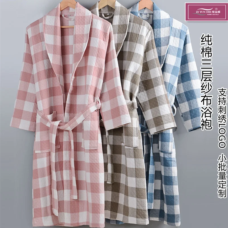 New Spring Autumn 100% Cotton  Bath Robe Three deck Gauze Sleepshirts Female Home Couple Absorb Water and Dry Quickly Loose