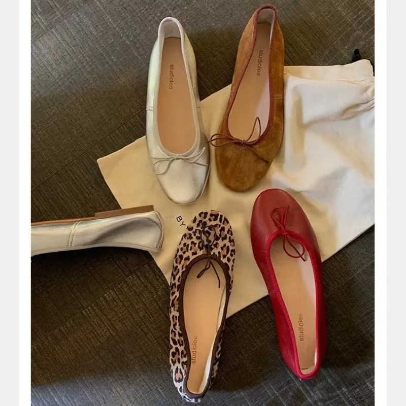

Женские туфли на плоской подошве, новые модные туфли с круглым носком и бантом-бабочкой и леопардовым принтом, женская обувь больших размеров, весна-осень 2024