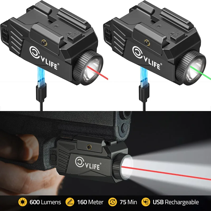 

600 Lumens Hunting Light Laser Combo Rechargeable Flashlight with Red or Green Laser Compatible with G-lok and Picatinny Rail