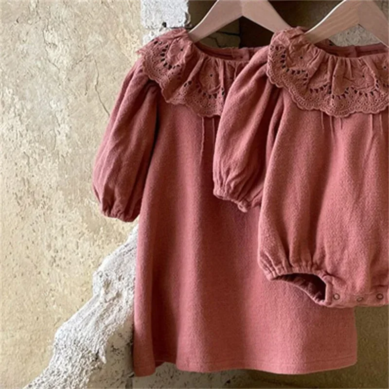 Korean Style Spring Family Matching Clothes Girl Brick Red Apricot Long Sleeves Ruffles Dress+Turn-down Collar Bodysuit E4170