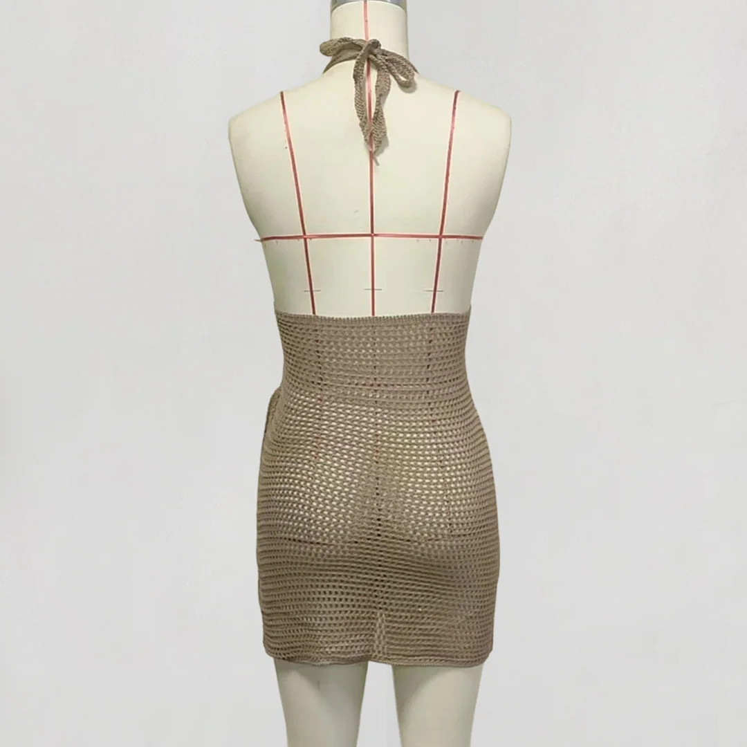 4-farbiges, V-Ausschnitt-Halfter-Kleid mit Ausschnitten, gehäkelt, gestrickt, Tunika, Strandkleid, Strandmode, Strandbekleidung, Strandüberwurf, Damen, V7001 – Detail 16