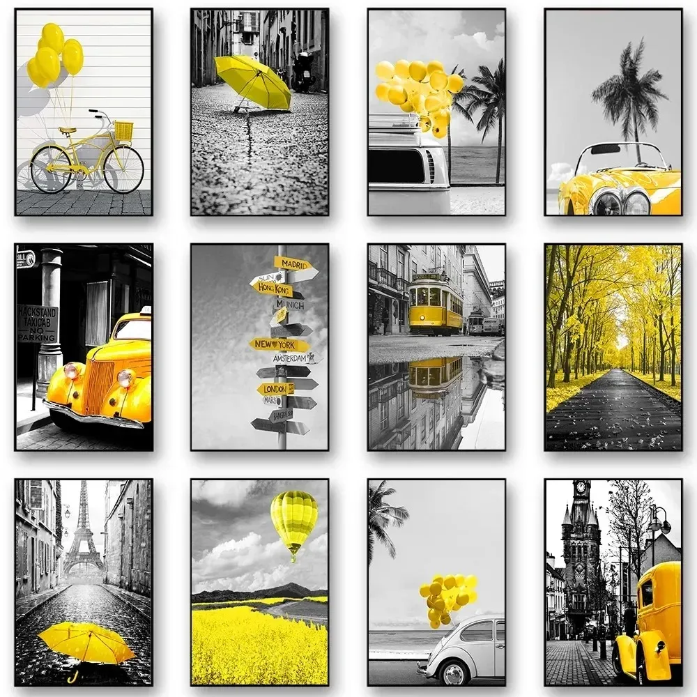 Black and White Europe Landscape Picture Home Decor Nordic Canvas Painting Wall Art Yellow Scenery Posters for Living Room De