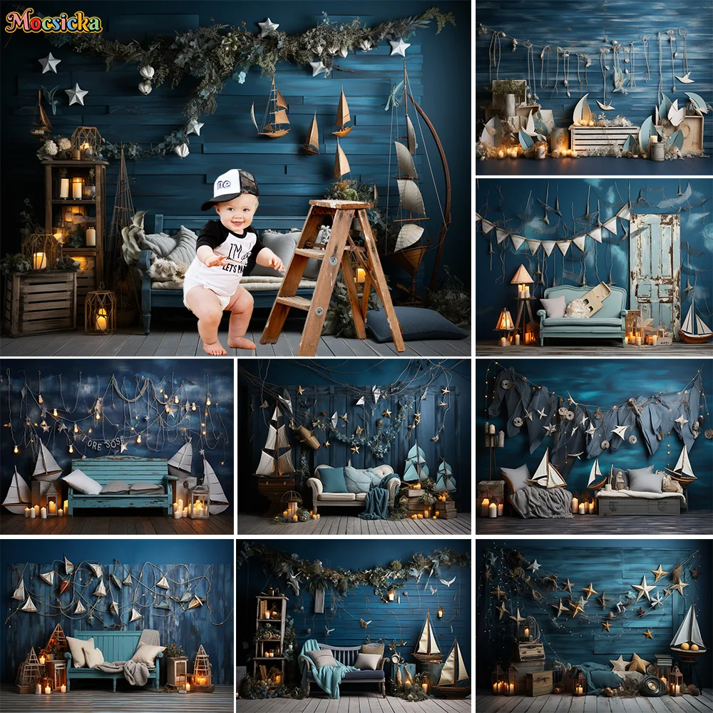 세일러 보이 베이비 쇼 배경 해상 여행 카니발 밤 범선, 파란색 나무 보드 촛불 배경 벽, 어린이 케이크 스매쉬