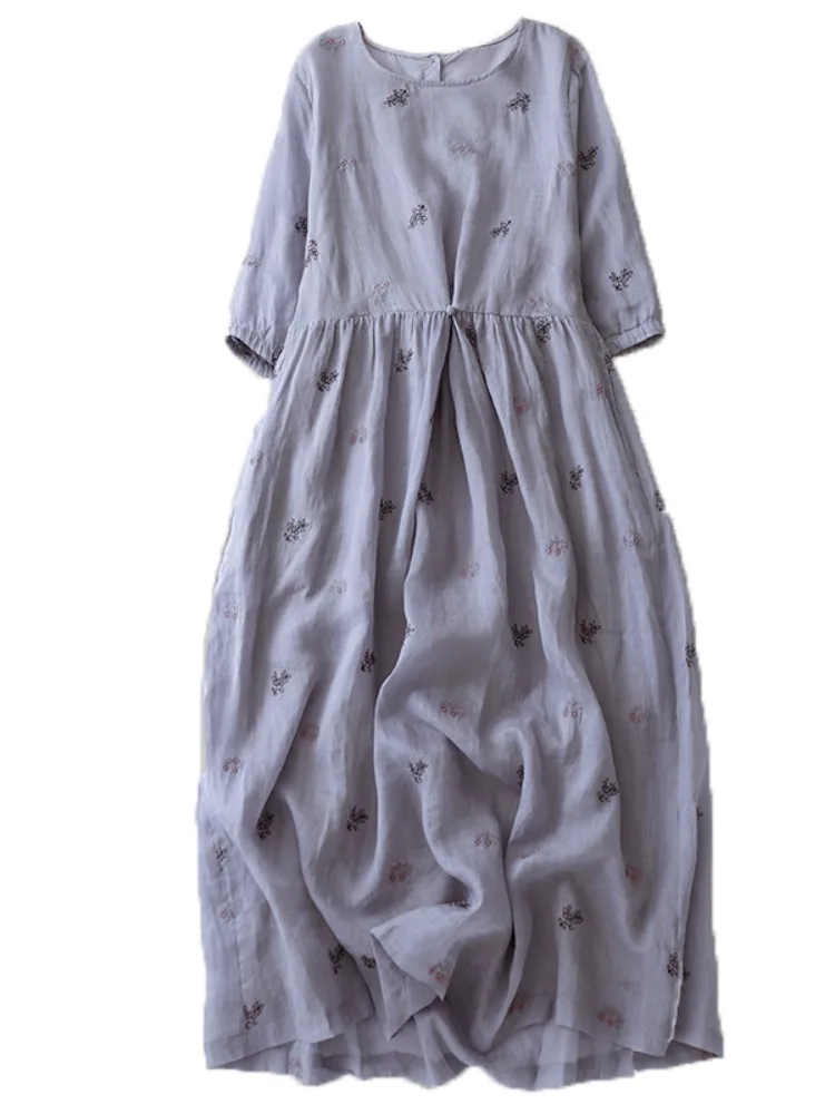 Ele Geborduurde Bloemen Hennep Dr Dames Zomer Afslanken Lange Katoenen Linnen Rok Grote Schommel Ronde Ne A-lijn Dr