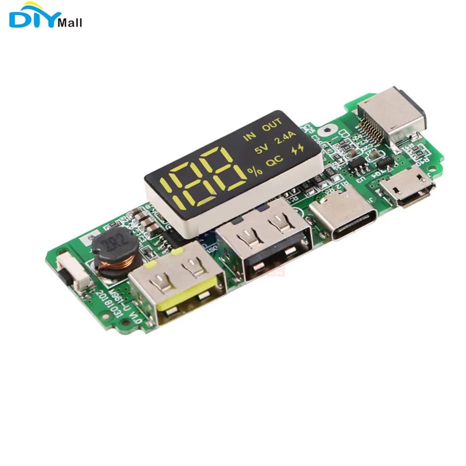 Dual USB for Lightning/Micro/Type-C USB Power Bank 18650 Charging Board 5V 2.4A Overcharge Protection LED Digital Screen Display