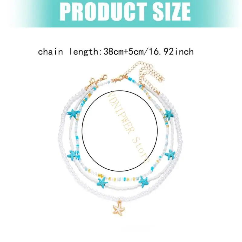 قلادة من الخرز مع السلاحف البحرية المصنوعة يدويًا شل نجمات نجمات قلادة ترقاء سلسلة مجوهرات متعددة الطبقات لقضاء العطلة D08E