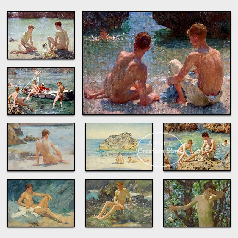 Vintage Gay Nude Man Art The Bathers By Henry Scott Tuke Prints Famous Painting Canvas Nordic Bedroom Wall Pictures Home Decor