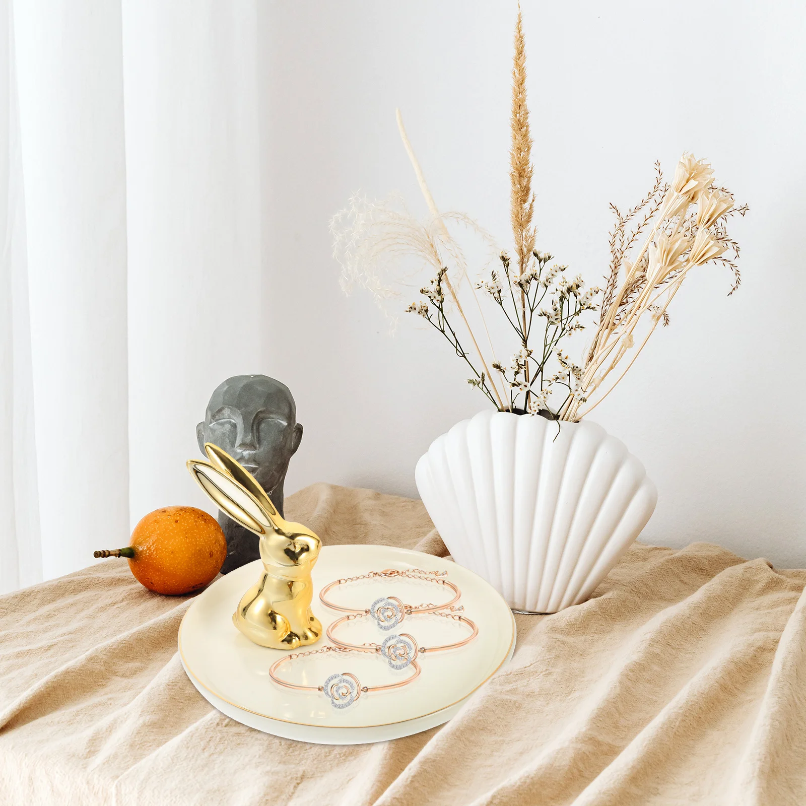 Gold Rabbit Jewelry Tray Creative Ceramic Jewelry Holder Desktop Organizer Multi-Use Decorative Storage Plate Rabbit Design Tray