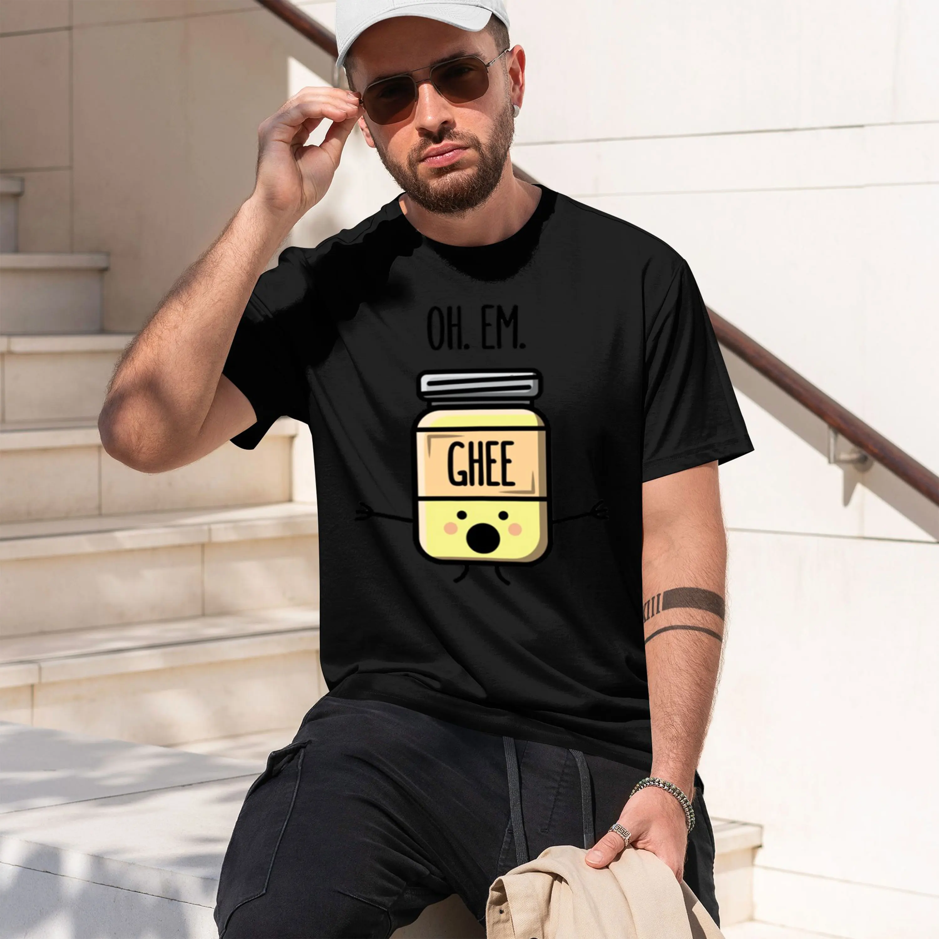 Oh Em Ghee Funny Desi Puns Sticker 2026 New Model Men’s Short-sleeve crewneck T-Shirt Classic Casual Multiple Colors and Sizes f