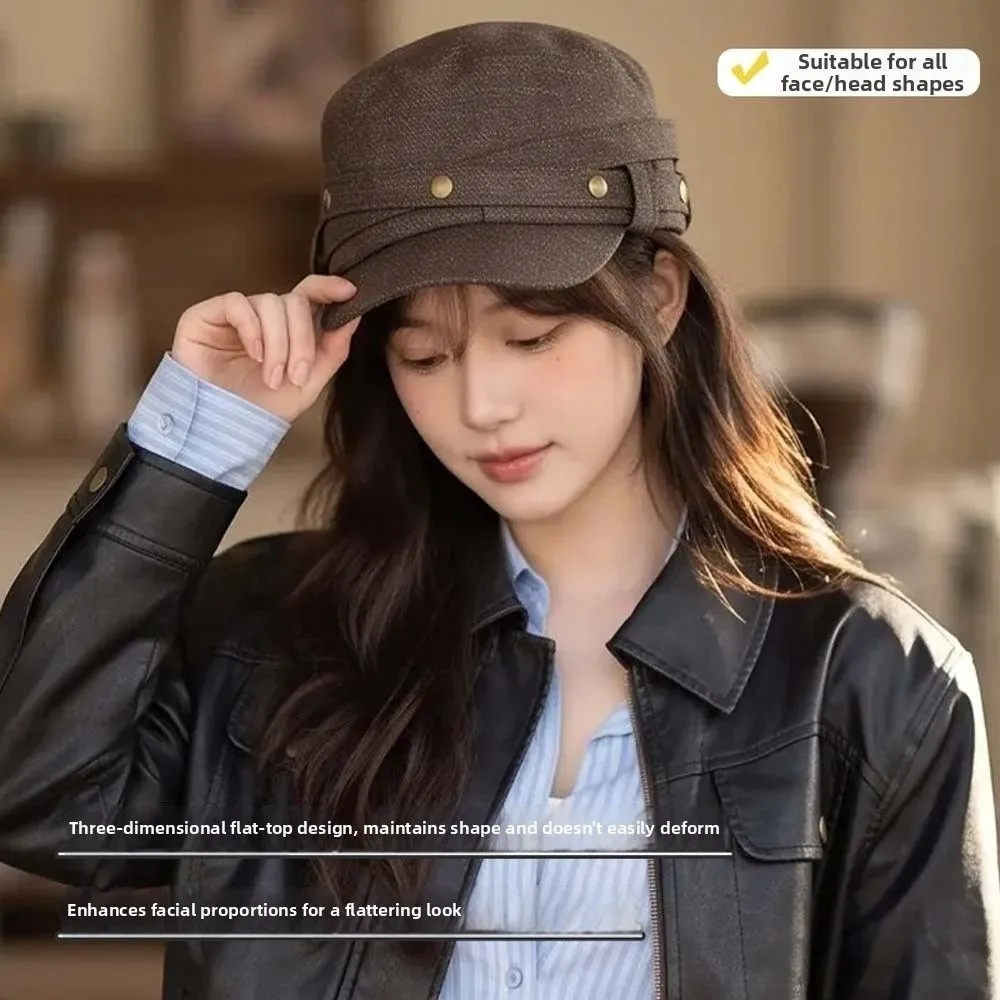 Washed Denim Denim Flat Hat Metal Button Flat Crown Vintage Visor Hat Breathable Adjustable Strap Retro Equestrian Cap
