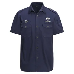 Camisa militar de manga corta para hombre, Tops tácticos de verano de alta calidad, de algodón azul, con bolsillo, talla grande 6XL, 2023