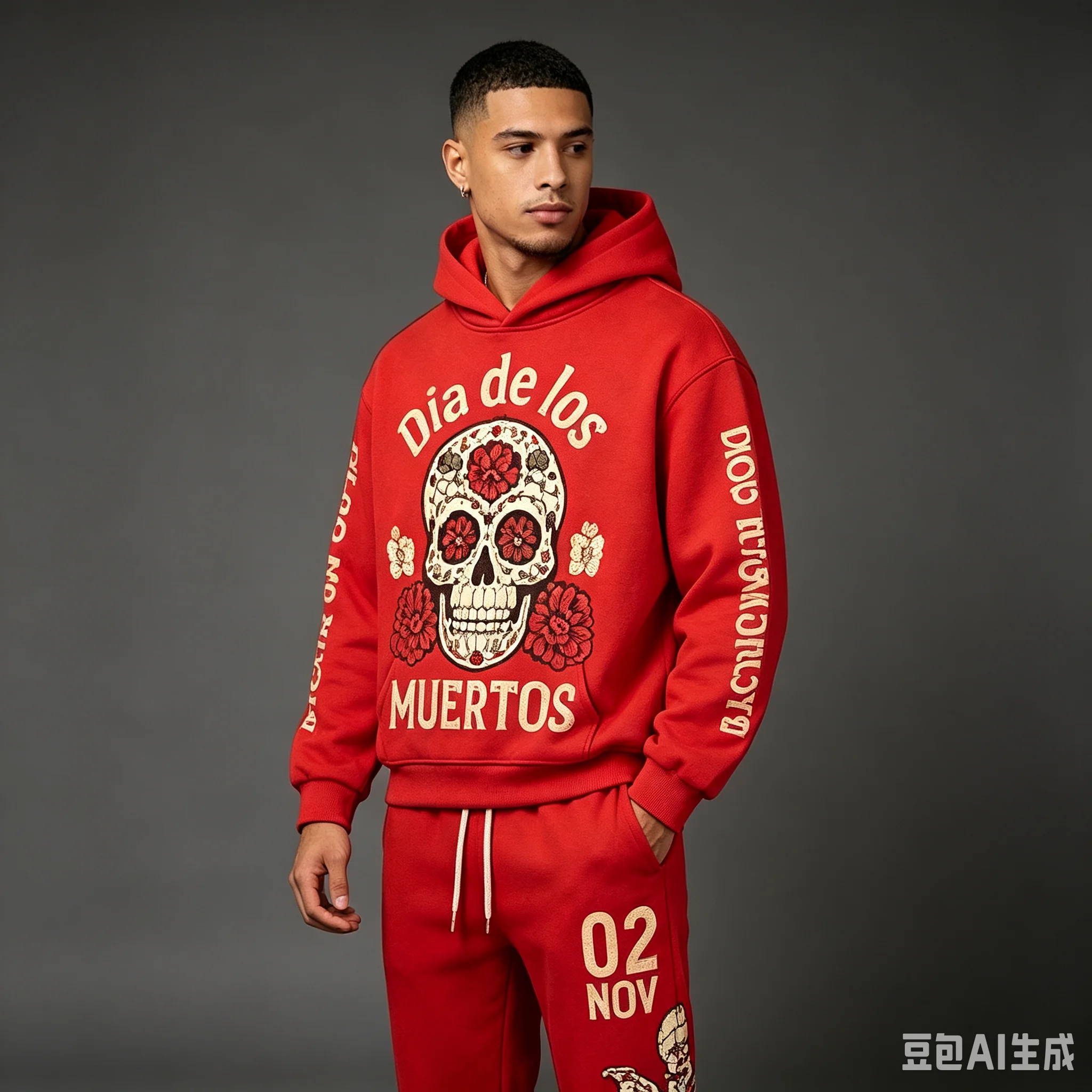 MEXICAN DAY OF THE DEAD SKULL&FLORAL PRINT HOODIE AND PANTS SET–WESTERN-STYLE FESTIVE CASUAL MATCHING FAMILY OUTFIT (LOOSE FIT)