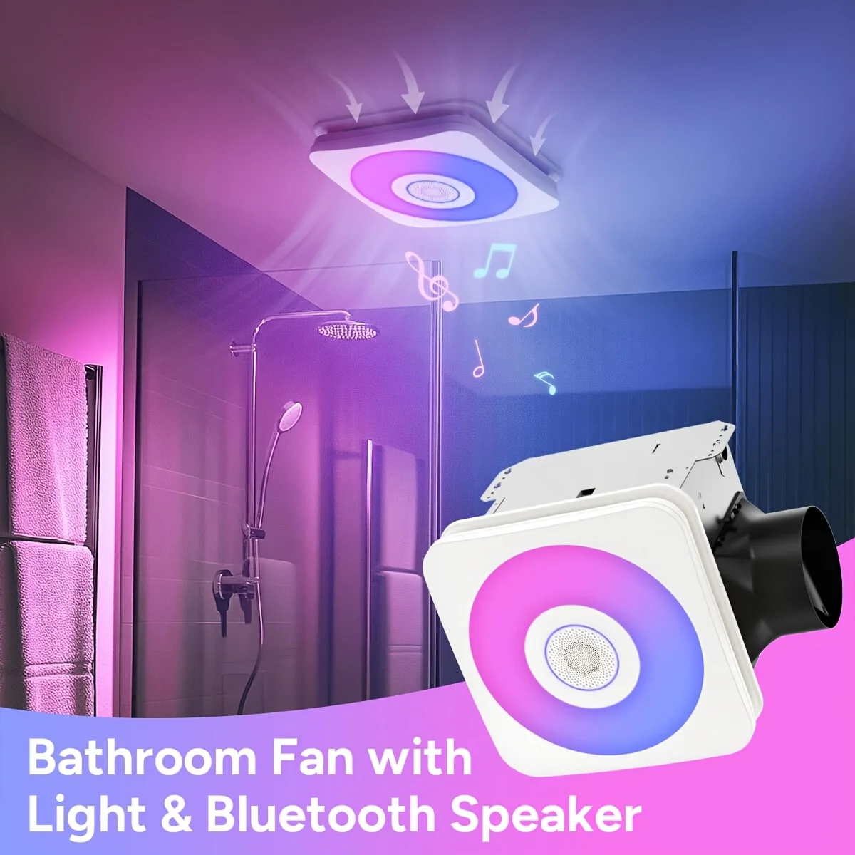 

SYVIO Bathroom Exhaust Fan with Bluetooth Speaker, 3-in-1, (110/160 CFM | 1.0 Sone Ultra-quiet)Dual Wind Speed, 40W High-efficiency Ventilation, Integrated 1500lm RGB Three-color Temperature LED Night Lighting (2700K/4000K/6500K) Music Sync