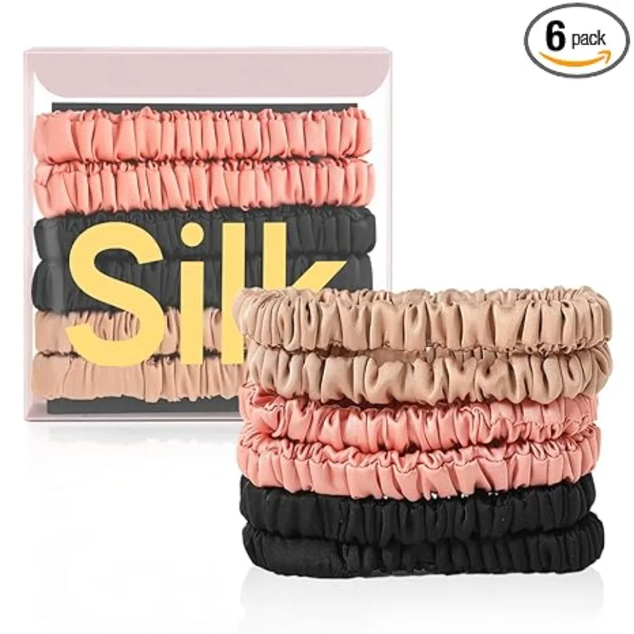 

6Pcs Silk Hair Ties Small 22 Momme 100% Pure Mulberry Silk Scrunchies for Women Girls Thin Skinny Hair Sleep Scrunchies No Damage, Black&Brown&Pink
