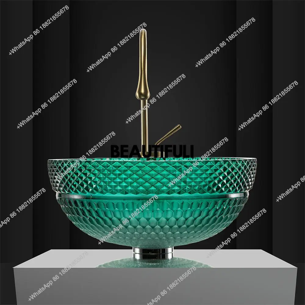 B567 Nordic style glass washbasin, light luxury round countertop basin, creative honeycomb grid patterned washbasin