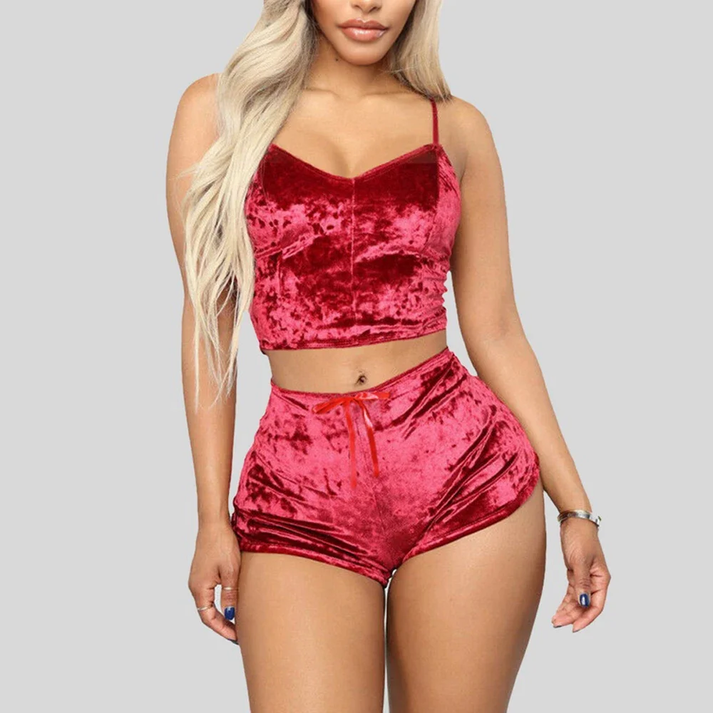 2 teile/satz Damen Samt Polyester bequeme V-Ausschnitt Unterwäsche Crop Top Shorts Pyjama Set Homewear ärmellose Top Shorts Camis – Detail 10