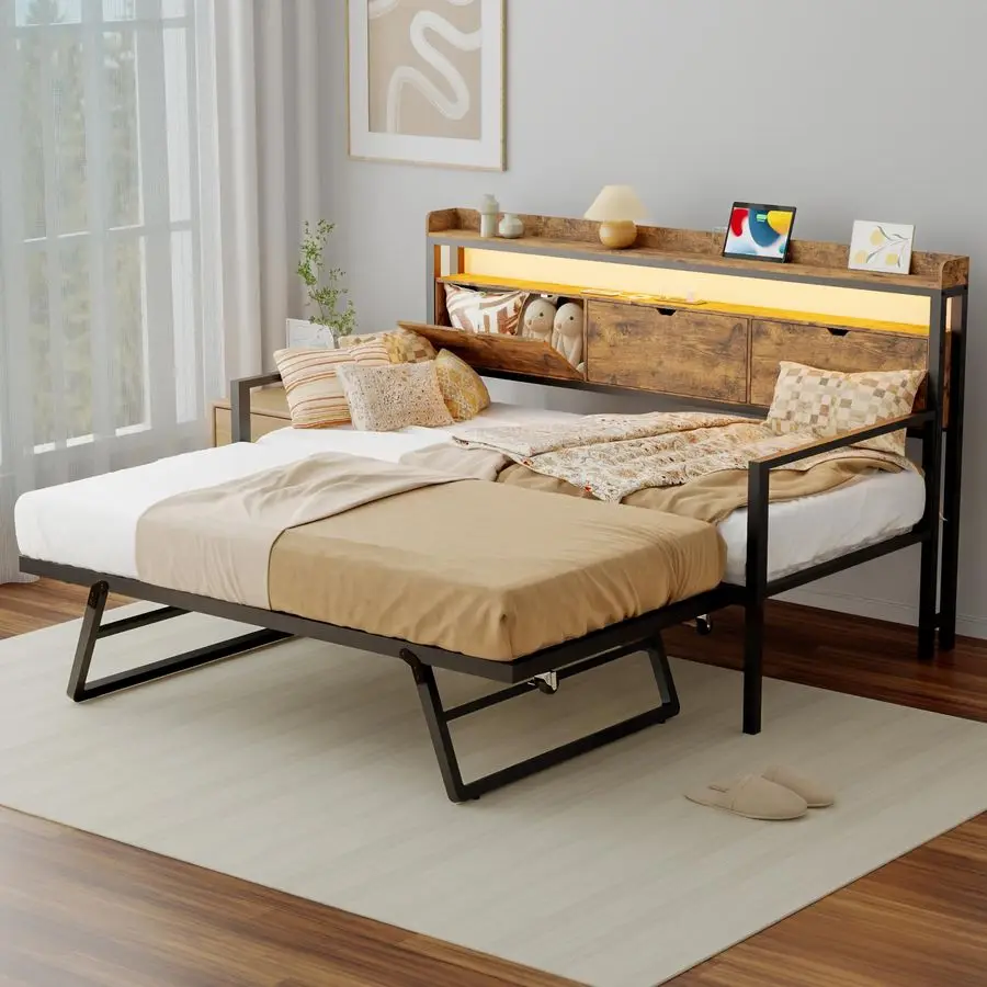 Twin Daybed with Trundle and Storage Headboard, Metal Pop Up Trundle Bed with Charging Station, LED Lights, Twin to King Day Be