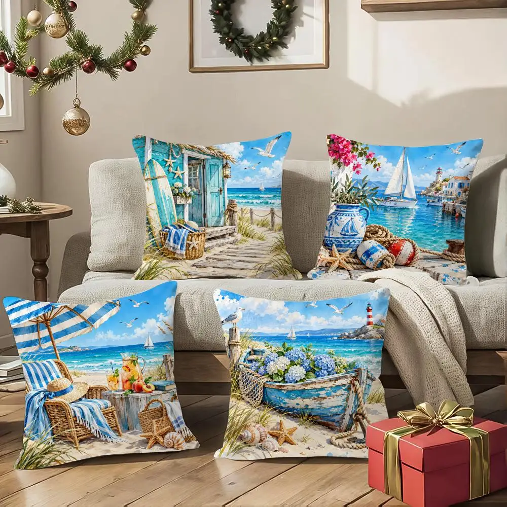 Azure Shore Escapes Cushion Cover 1/4Pcs Soft Plush Cushion Case Throw Pillowcase Cozy Home Sofa Bed Living Room Decor