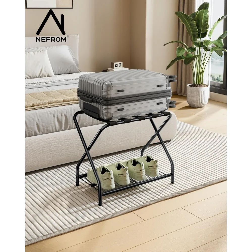 Luggage Rack Pack of 2, Foldable Suitcase Stand with Storage Shelf