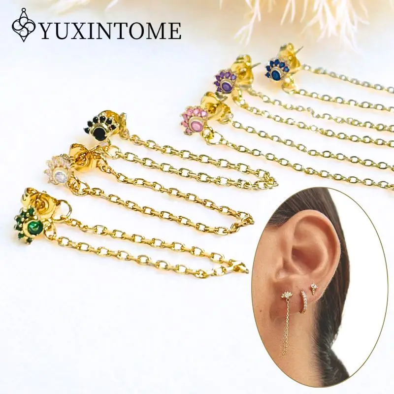 

Women's 925 Sterling Silver Ear Needles Multi-color Marquise Zircon Chain Pierced Stud Earrings Metal Fashion Party Jewelry Gift