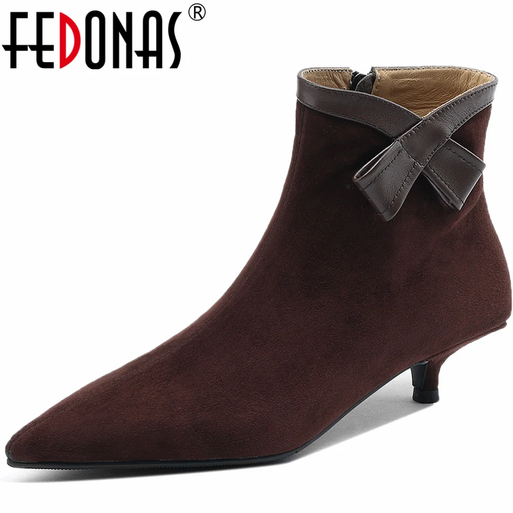 

FEDONAS Fashion Pointed Toe Office Lady Basic Women Ankle Boots Genuine Leather Side Zipper Thin Heels Shoes Woman Autumn Winter