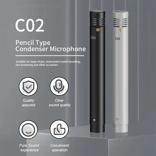 Imagen 2 del producto Micrófono de Condensador Profesional C02, Micrófono de Instrumento de Diafragma Pequeño, Micrófono de Metal Tipo Lápiz con Clip y Filtro Antiviento para Batería y Piano