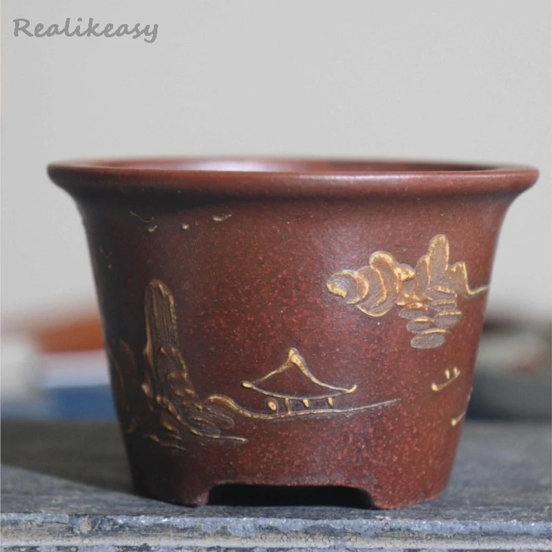 

Purple Clay Flower Pot Handmade Bonsai Pot Chinese Retro Desktop Succulent Flower Pot Chinese Round Flower Pot Home Decor LF884