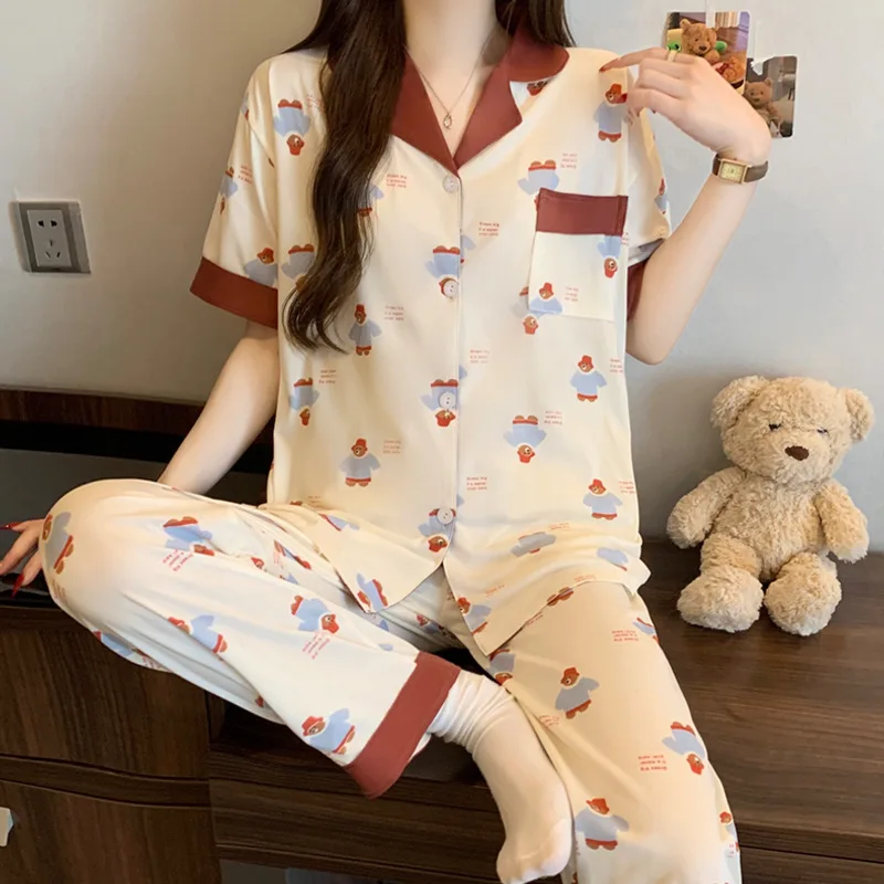 

Summer Women's Hot Selling Short Sleeved Pajamas Home Suit Set, Teddy Bear Loose Cardigan, Short Sleeved Pants Home Suit Set