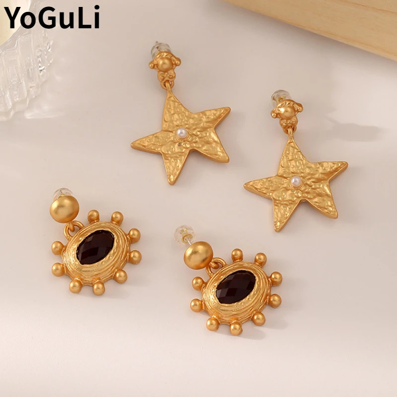 Trendy Jewelry 925 Silver Needle Matte Gold Color Earrings Vintage Temperament High Quality Metal Star Earrings For Women Gift