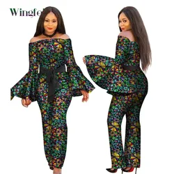 African Print Women Jumpsuit Slash-Neck Long Horn Sleeve Sexy Romper Wide Leg Pants African Ladies Jumpsuits Rompers WY2634