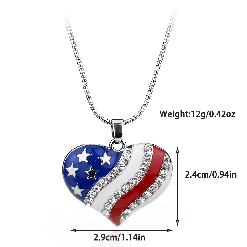 USA American Flag Enamel Blue and Red Crystal Rhinestone Heart Patriotic 4th of July Independence Day Patriot Pendant Necklace