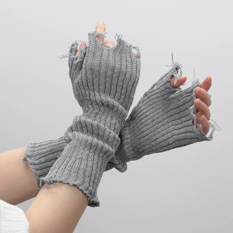 New Girl Gloves Black  Beige Tattered Punk Unisex Fingerless Cuff Knit Glove Women Men Elbow Mittens Broken Arm Warmer Gloves