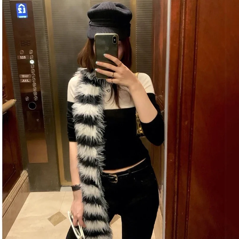 Black and white stripes plush fringe scarf female 2022 autumn and winter new soft glutinous imitation mink super long scarf