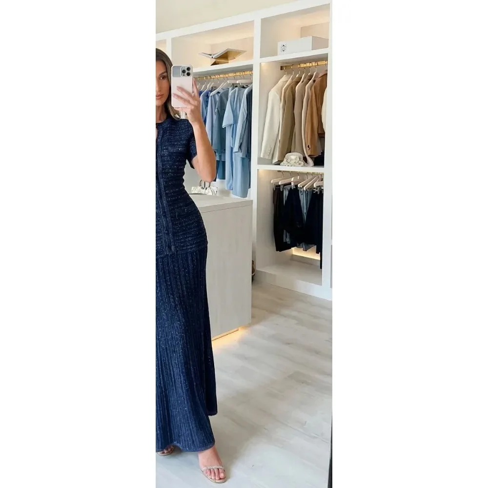Summer Luxury Navy Blue Tweed Knit Maxi Dress Women Elegant Short Sleeve Button Front Pocket Mermaid Hem Formal Party Outfit New