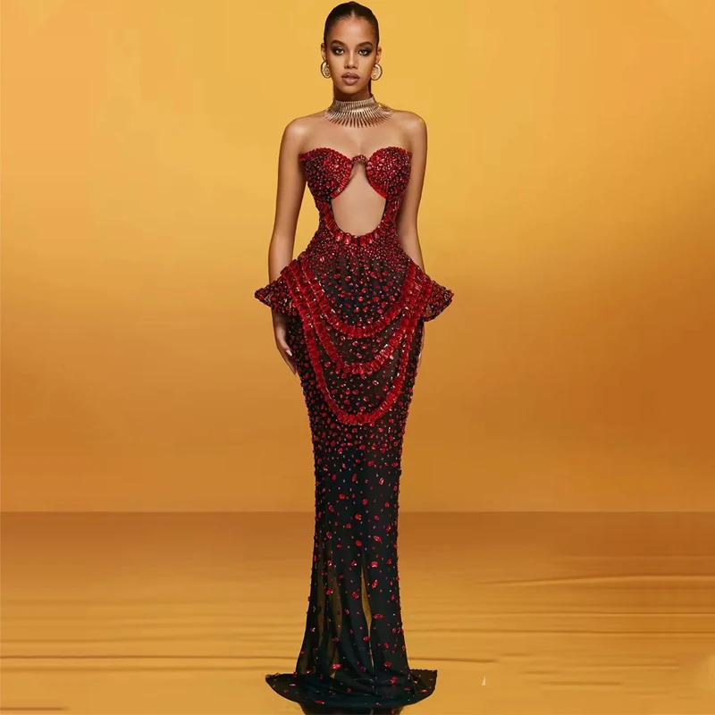 Sukienka z pełnymi zdobieniami z kryształków, strój dla piosenkarki, wieczorowa, na imprezę w klubie nocnym, festiwal, sukienki sceniczne, na wybieg, XS10259