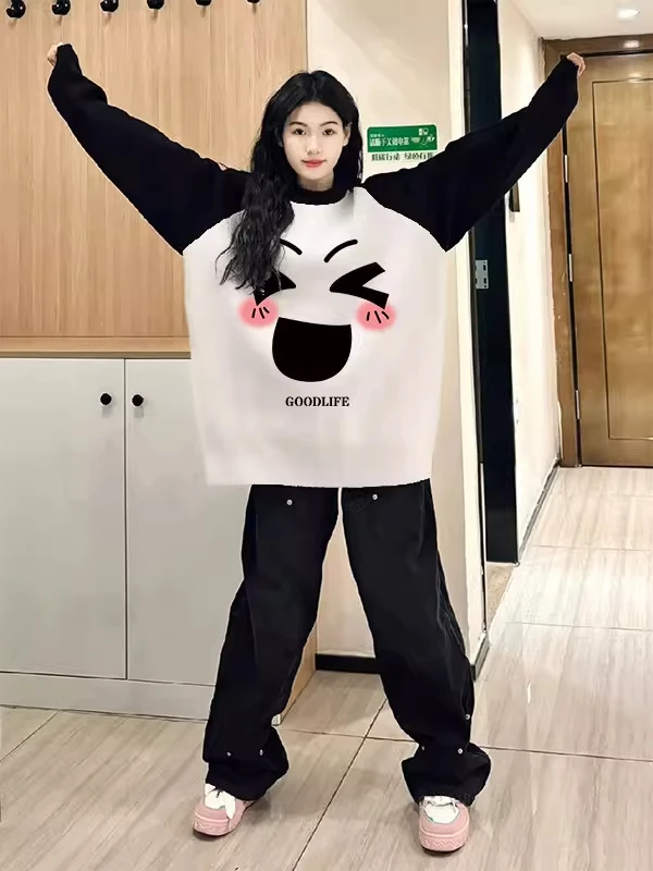 

Женский свитер оверсайз с цветными блоками и мультяшным принтом, на вес до 136 кг, осенне-зимний, свободный крой, с открытыми плечами, вязаный топ в повседневном стиле