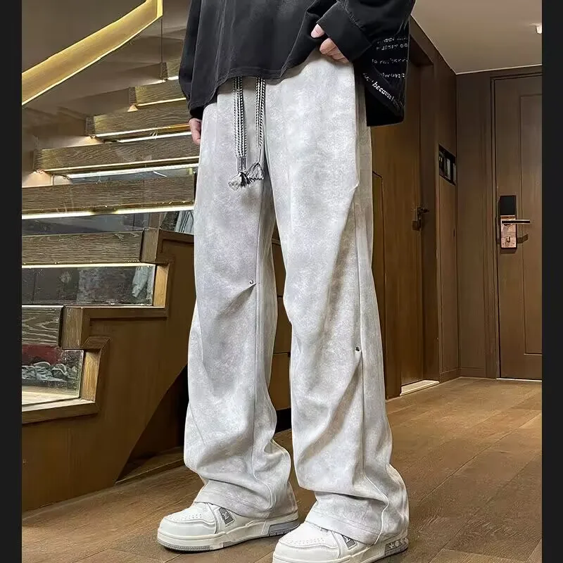 

American High Street Men Pants Tie Dye Distressed Wide Leg Loose Straight Fit Plus Size Casual Streetwear Fashion Trousers