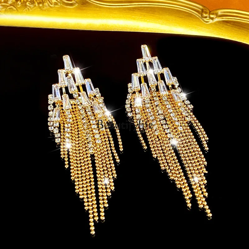 

European and American long diamond fringed earrings atmospheric fashion design earrings