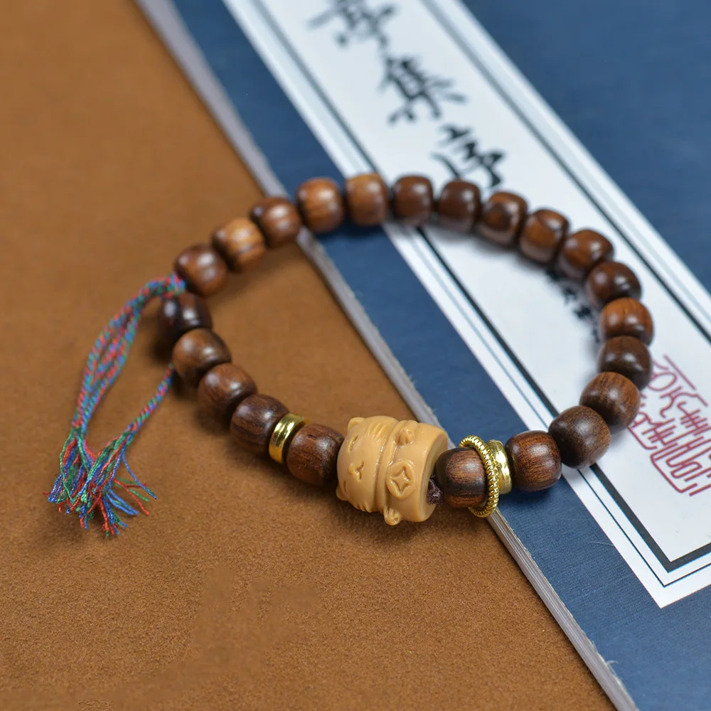 الطبيعية الأسود الكمثرى برميل DIY نحت القط خشب الصندل الرجال والنساء لطيف نمط بسيط البوذية حبة سوار فني مجوهرات خشبية #4