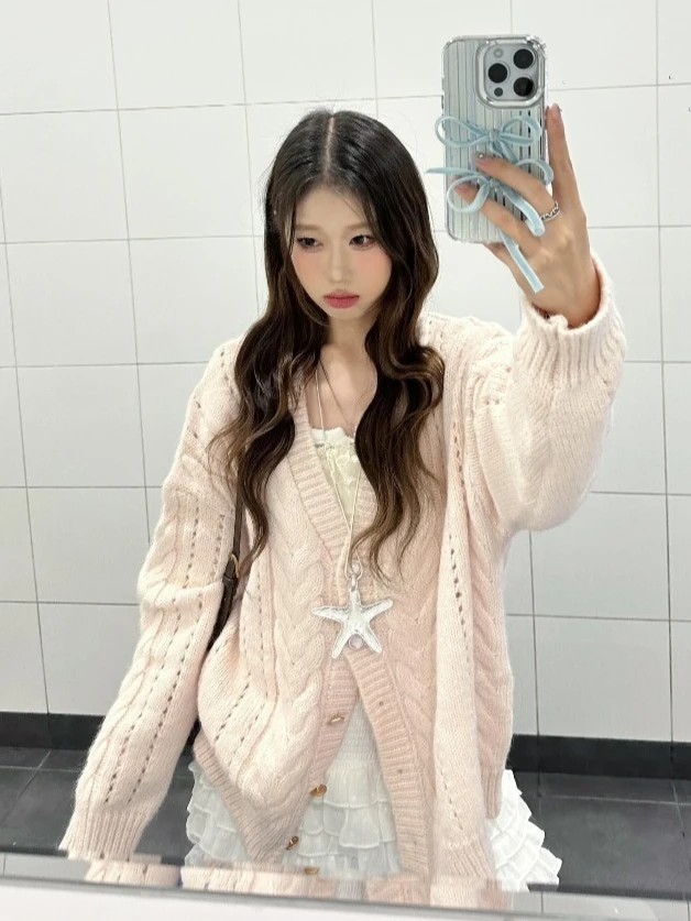 Kawaii Pink Cardigan side profile demonstrating dropped shoulder construction and extended sleeve length