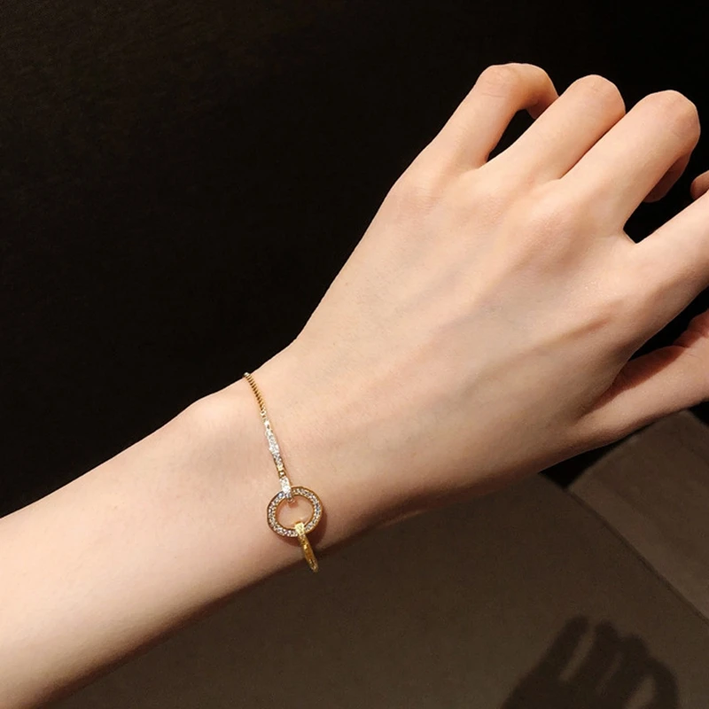 925 Sterling Silver Geometric Snake Chain Circle Bracelet For Women  Gold Plated Bracelet Shiny Zircon Party Jewelry Gifts