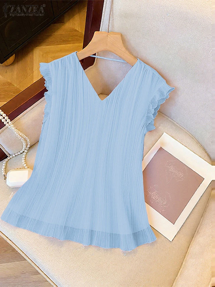 ZANZEA Vrouwen Chiffon Tanks Tops Zomer Tees Sexy V-hals Effen Kleur Shirts 2025, Fashion Casual Losse Mouwloze Verstoorde Shirts