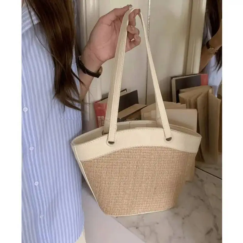 Bloom Vacation Woven Handbag Women Vintage Straw Bucket Bagutte Bag Purse Female Sea Holiday Summer Shoulder Bags 2025